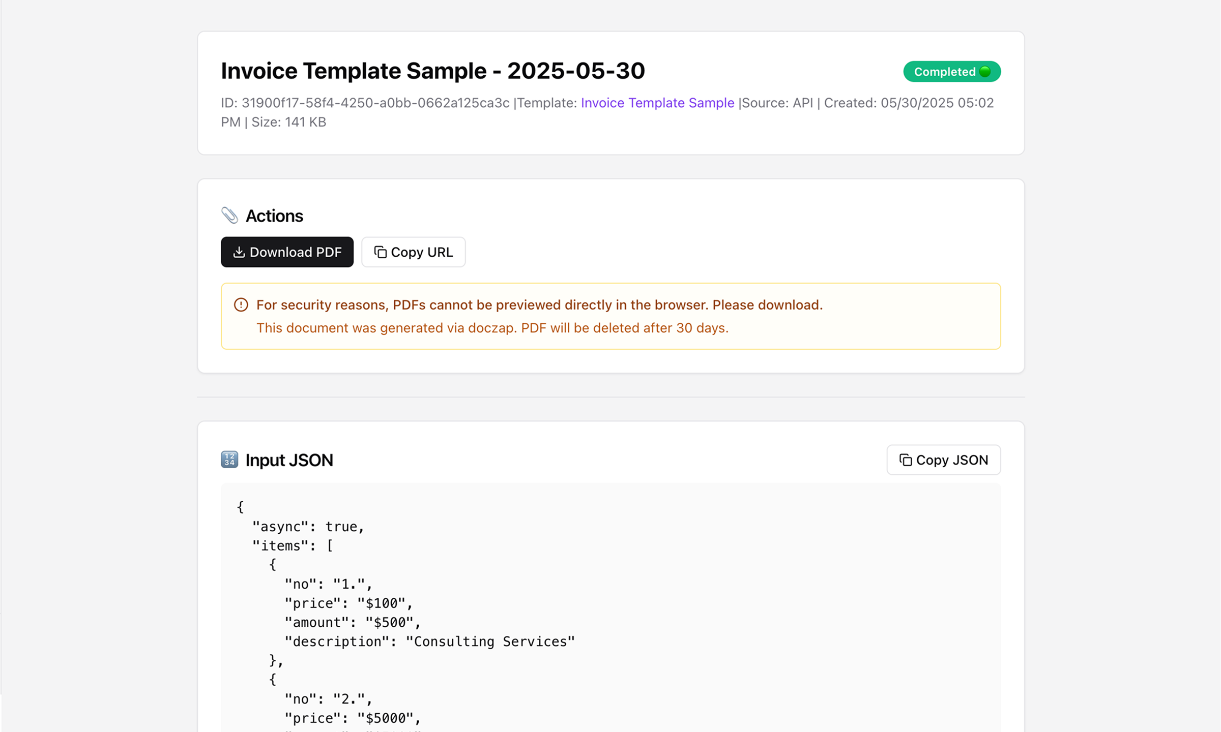 Document detail showing JSON payload, render status history, and download buttons